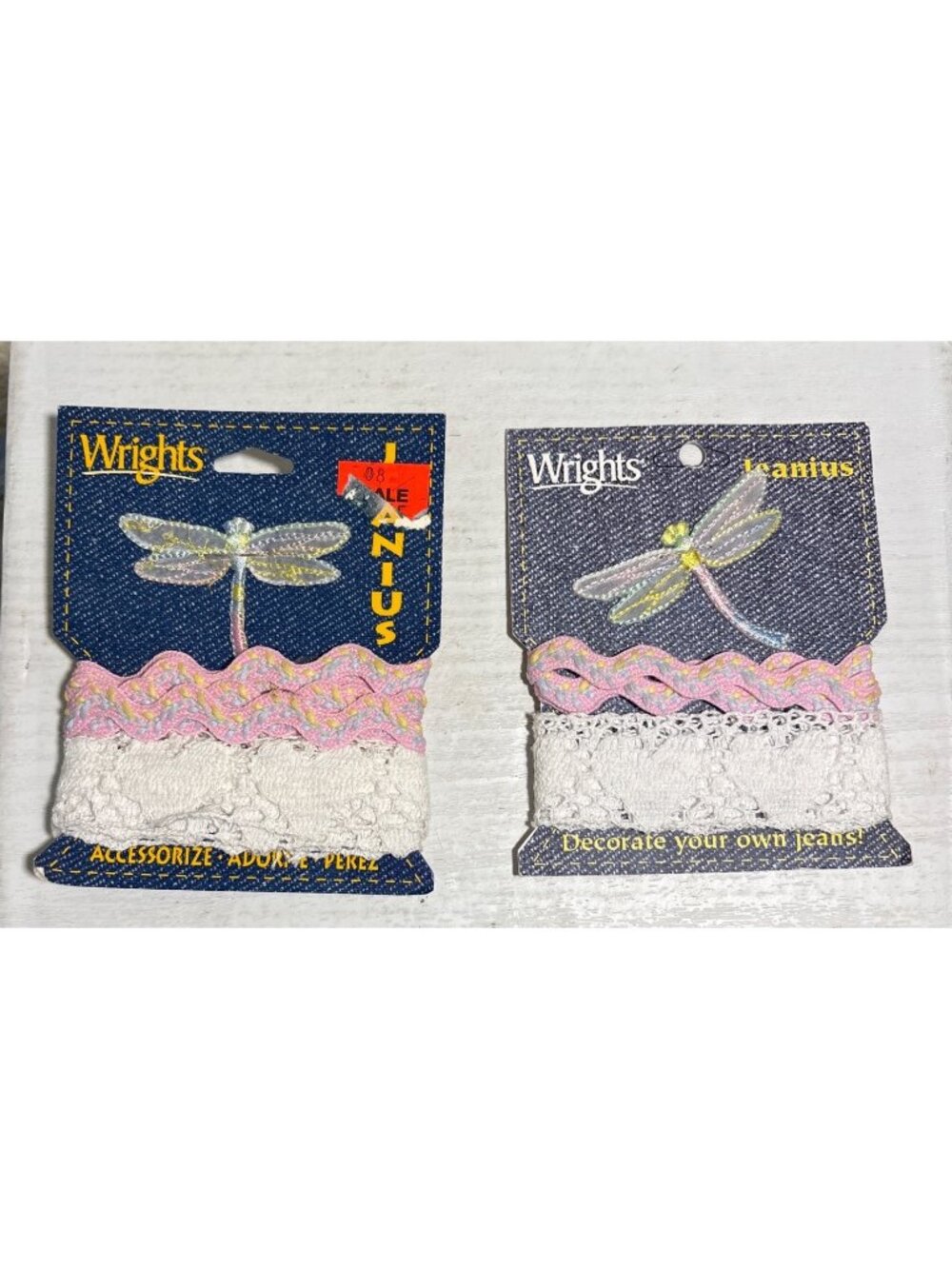 Wrights Jeanious Trim and Dragonfly Patch Ric Rac Pink & White Trim READ